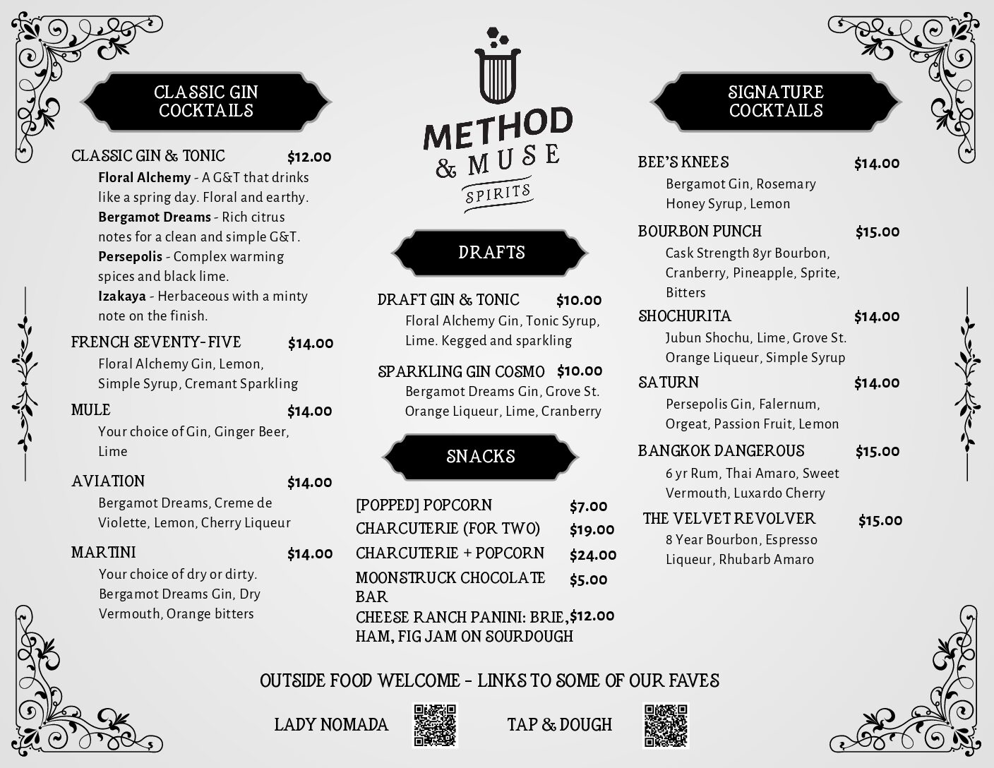 Menu Method and Muse Spirits, classic gin cocktails and signature cocktails