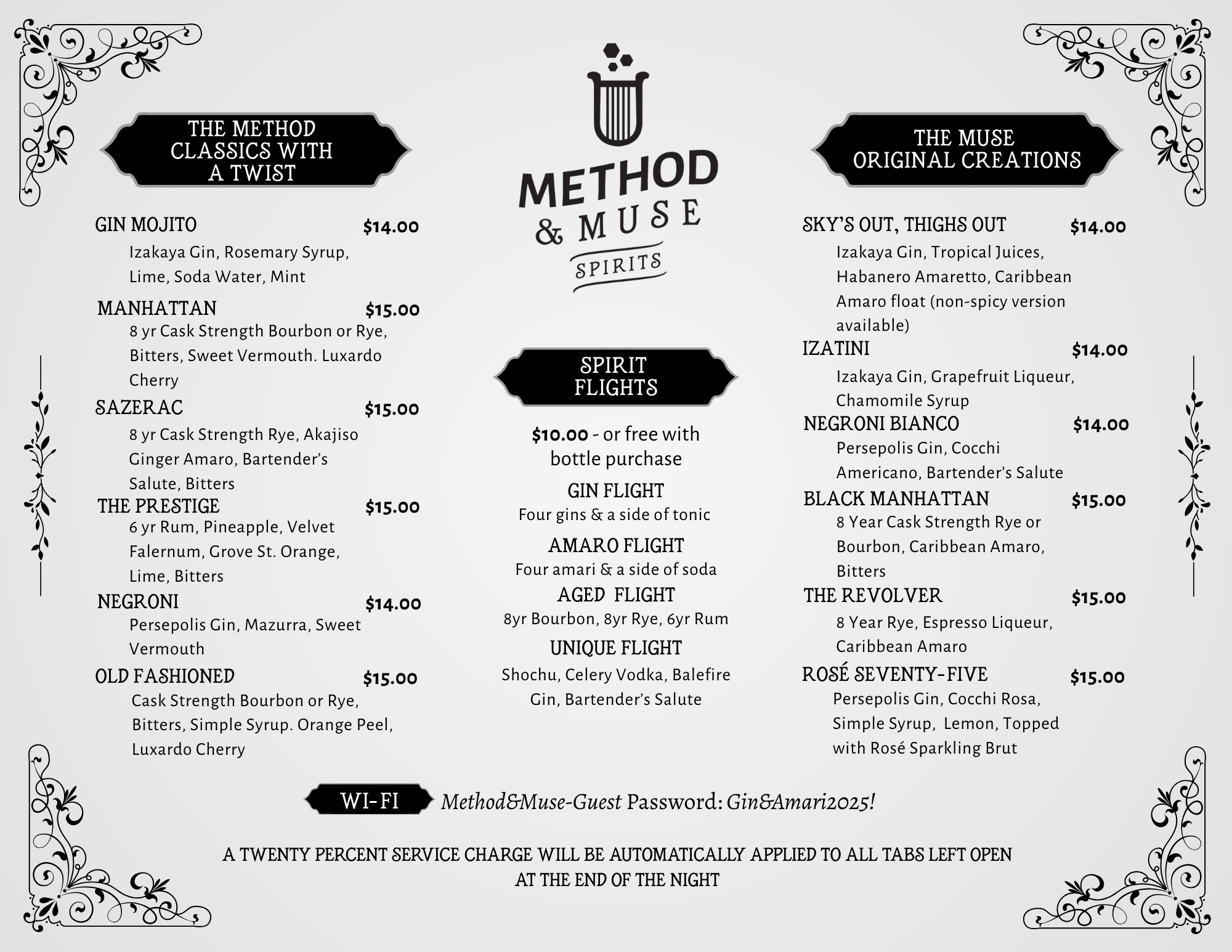 Menu Method and Muse Spirits gin, amaro, barrel-aged flights and cocktails