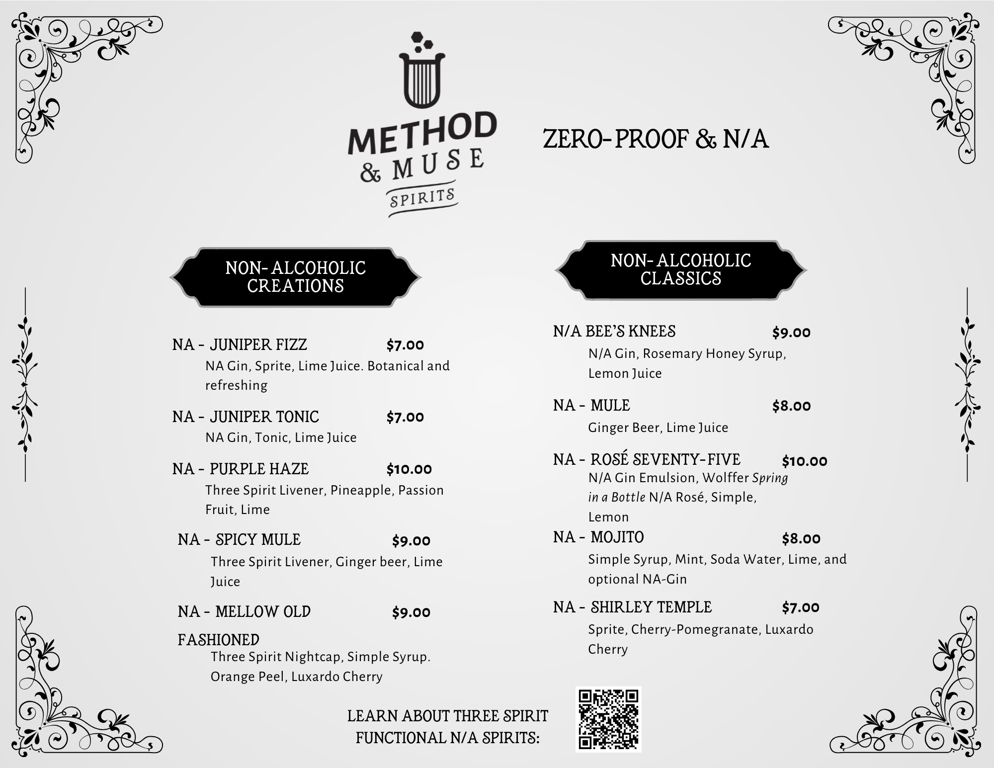Menu non-alcoholic NA options