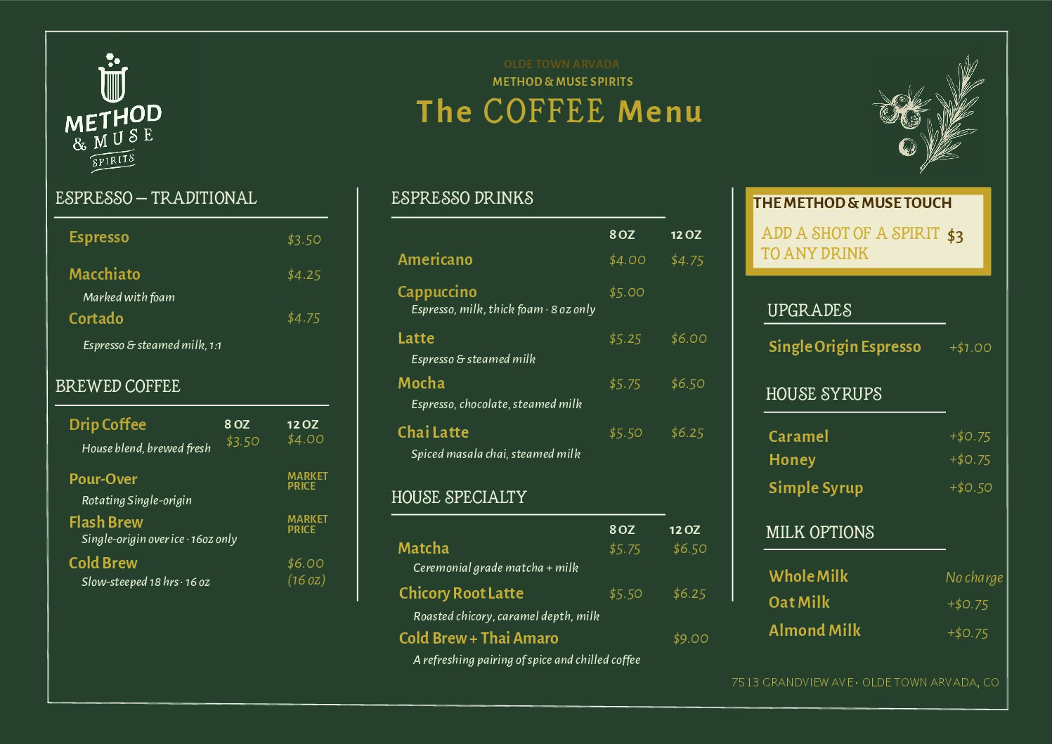 Menu Method and Muse Spirits gin, amaro, barrel-aged flights and cocktails